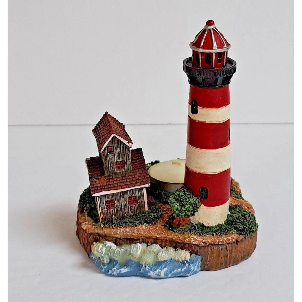 Giftco Lighthouse Cove Polyresin Candle Holder Red White Coastal Decor Tealight